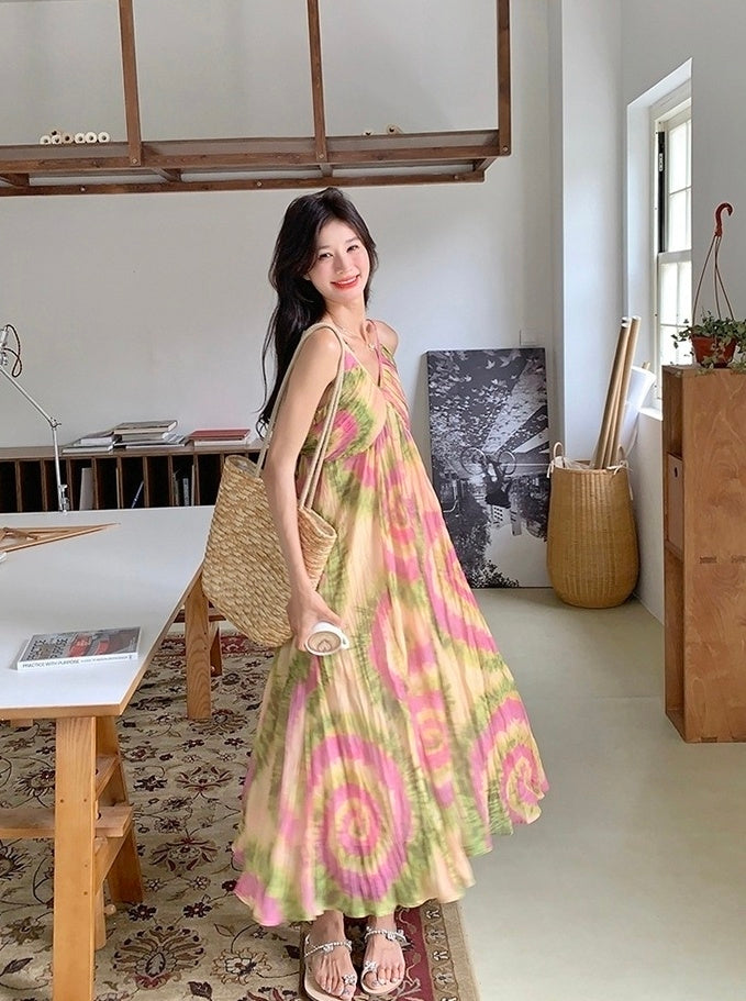 French Style Tie Dye Floral V Neck Maxi Dress