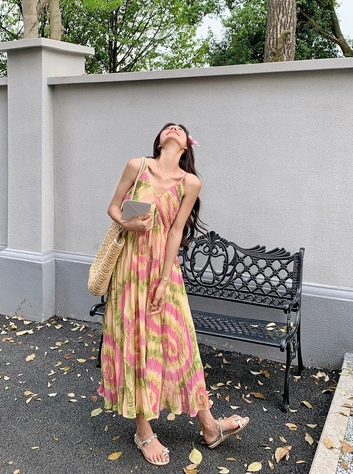 French Style Tie Dye Floral V Neck Maxi Dress