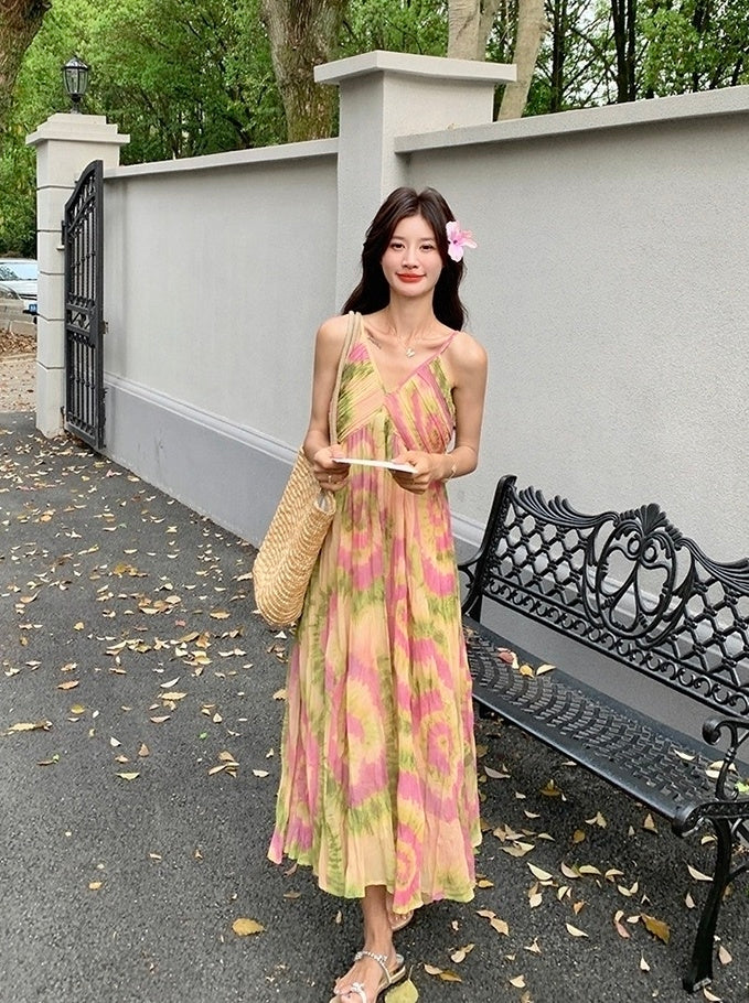 French Style Tie Dye Floral V Neck Maxi Dress