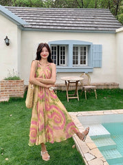 French Style Tie Dye Floral V Neck Maxi Dress