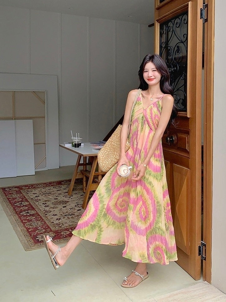 French Style Tie Dye Floral V Neck Maxi Dress
