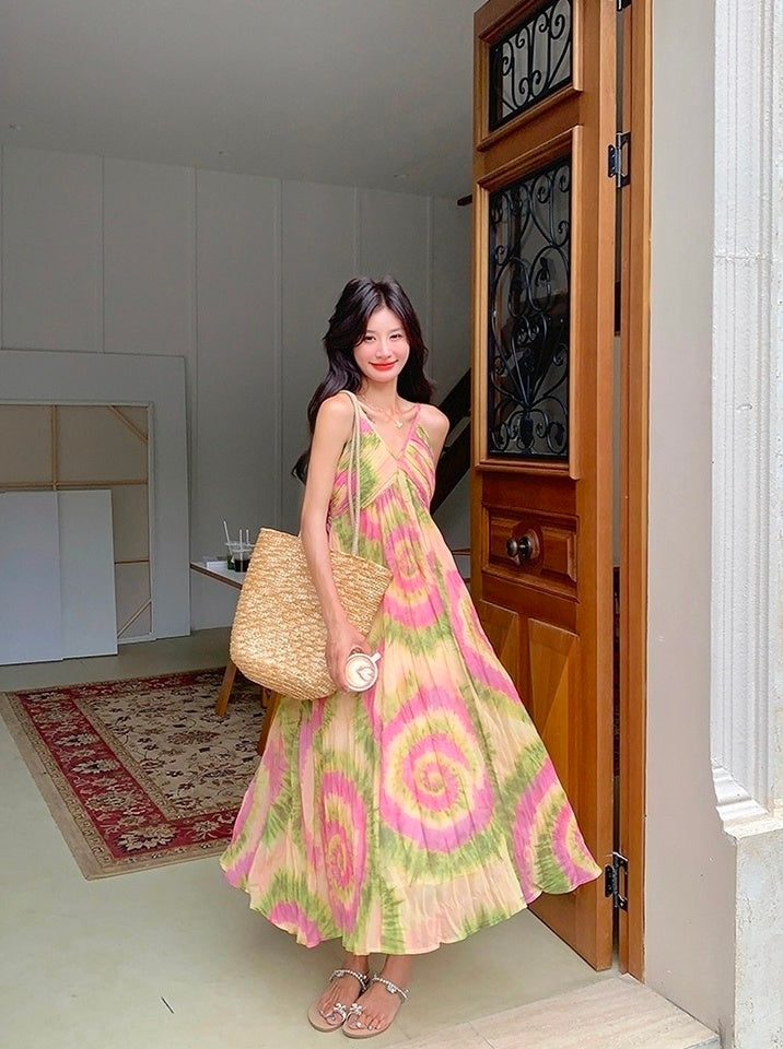 French Style Tie Dye Floral V Neck Maxi Dress