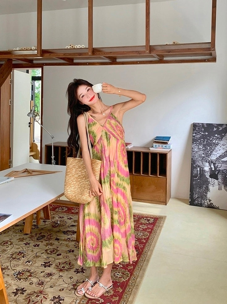 French Style Tie Dye Floral V Neck Maxi Dress