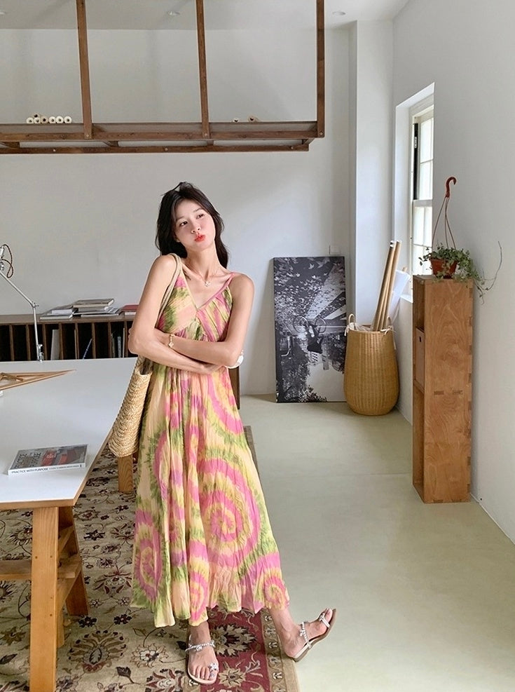 French Style Tie Dye Floral V Neck Maxi Dress
