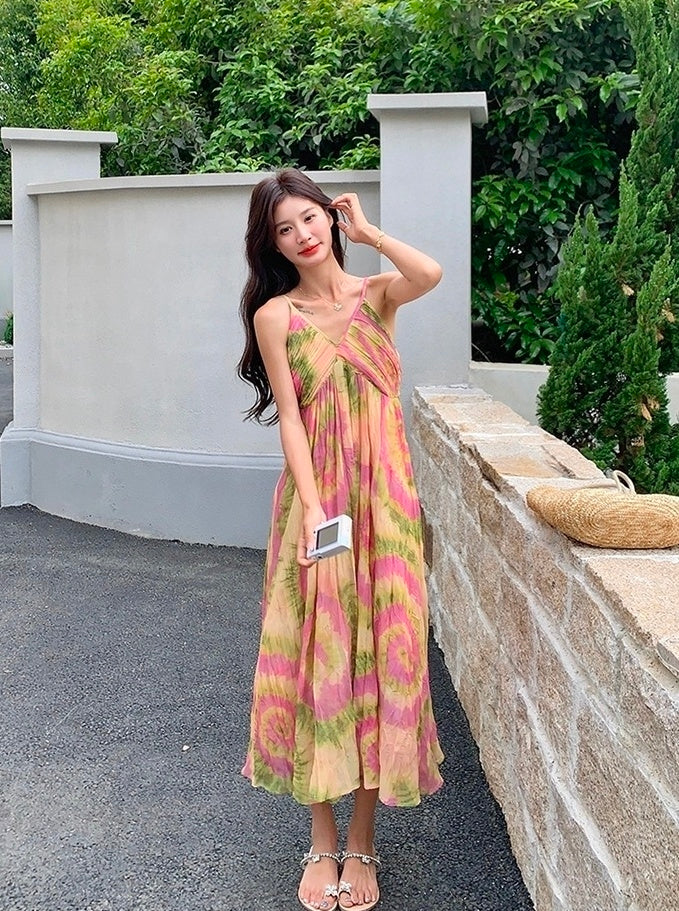 French Style Tie Dye Floral V Neck Maxi Dress