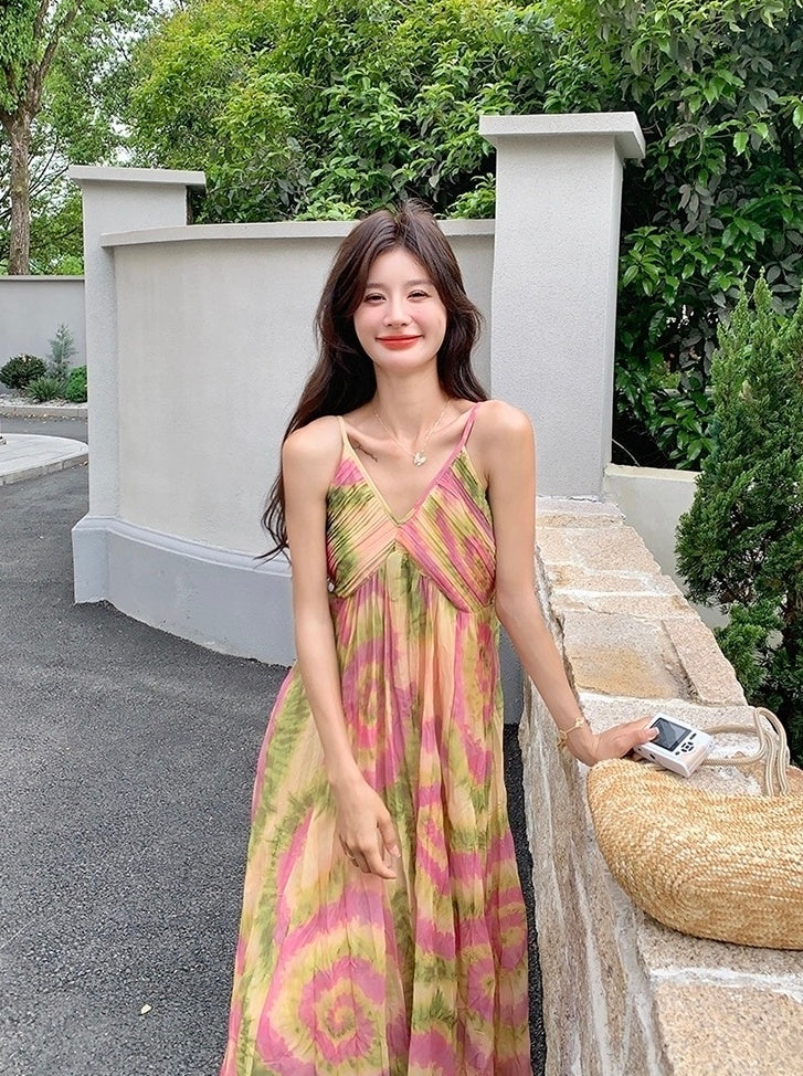 French Style Tie Dye Floral V Neck Maxi Dress