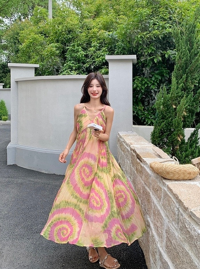 French Style Tie Dye Floral V Neck Maxi Dress