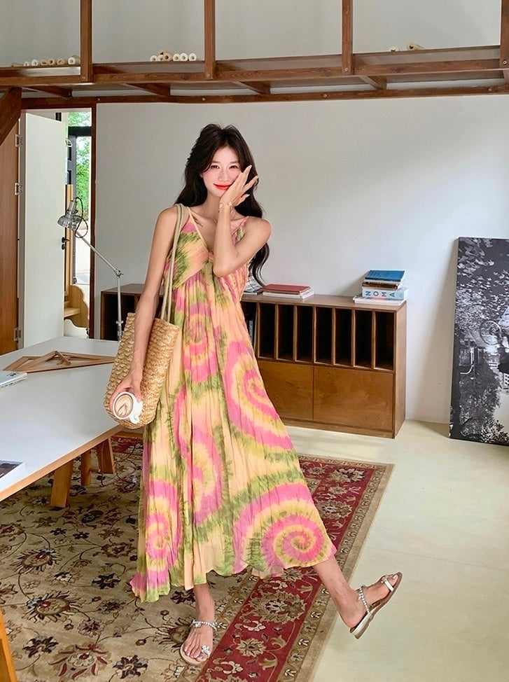 French Style Tie Dye Floral V Neck Maxi Dress