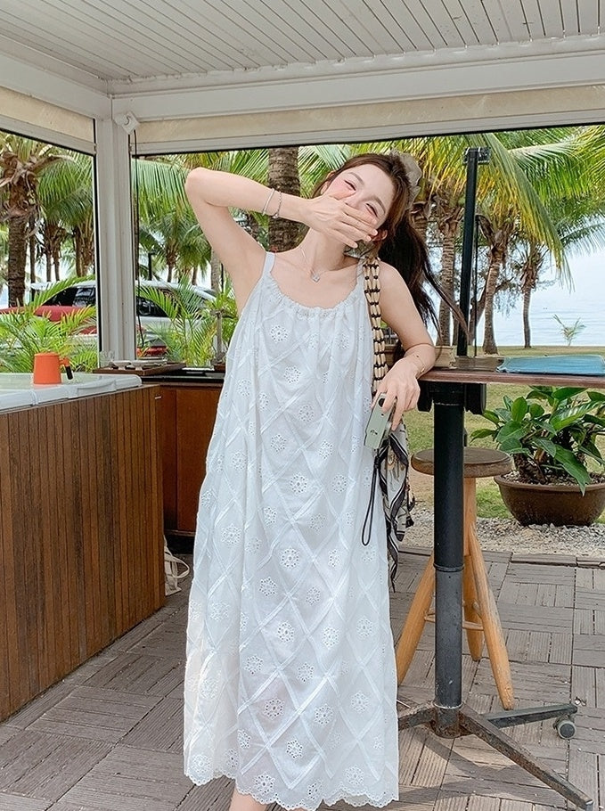 French Style Vacation Bow Tie Strappy Maxi Dress