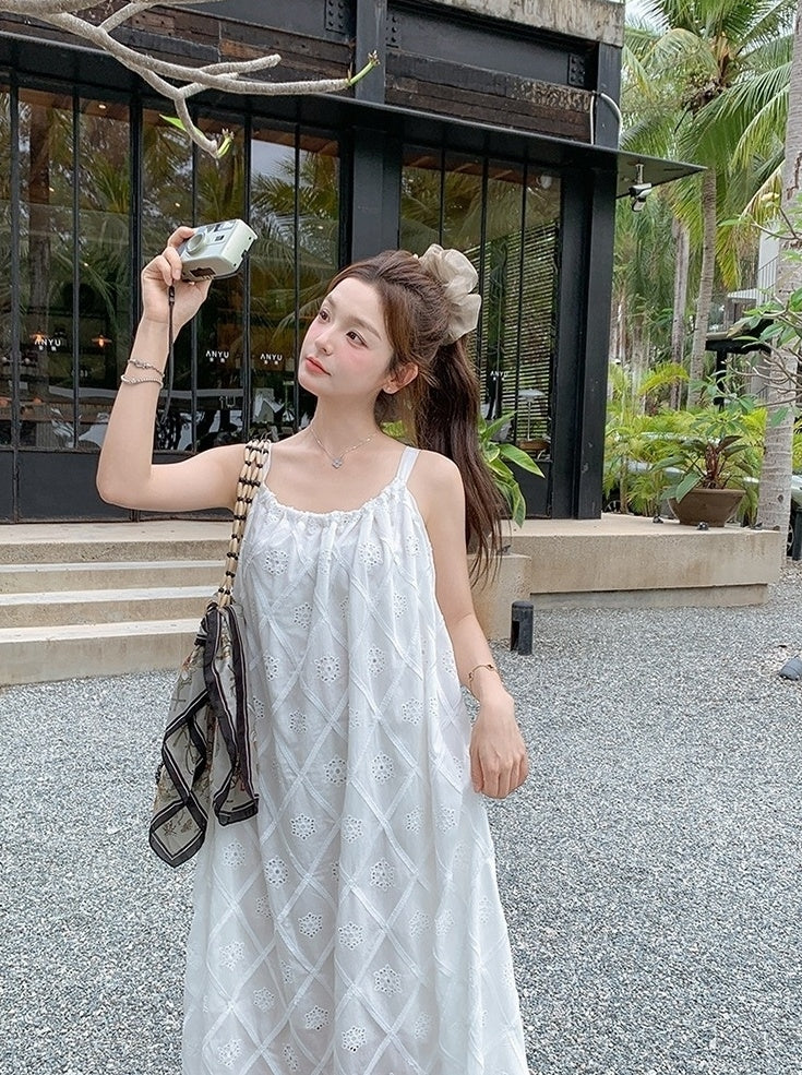 French Style Vacation Bow Tie Strappy Maxi Dress