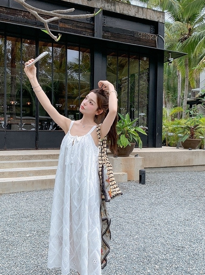 French Style Vacation Bow Tie Strappy Maxi Dress