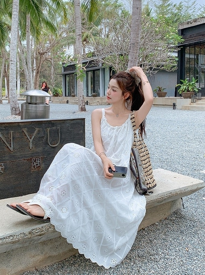 French Style Vacation Bow Tie Strappy Maxi Dress
