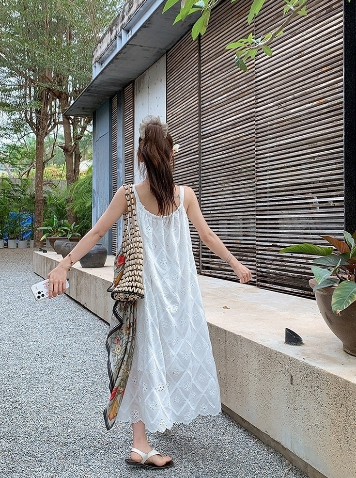 French Style Vacation Bow Tie Strappy Maxi Dress