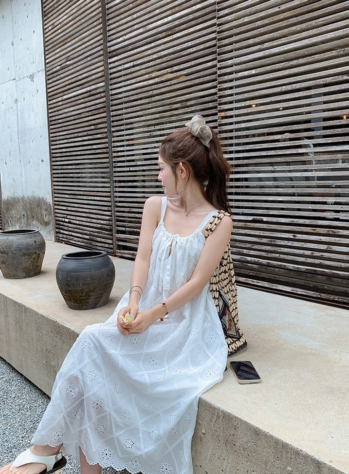 French Style Vacation Bow Tie Strappy Maxi Dress
