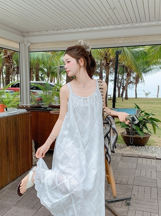 French Style Vacation Bow Tie Strappy Maxi Dress
