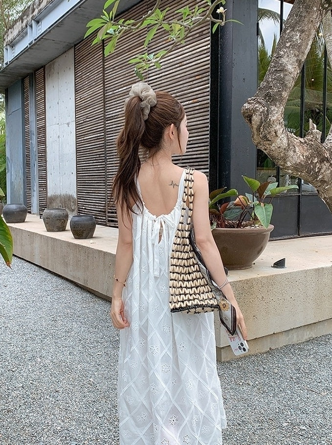 French Style Vacation Bow Tie Strappy Maxi Dress