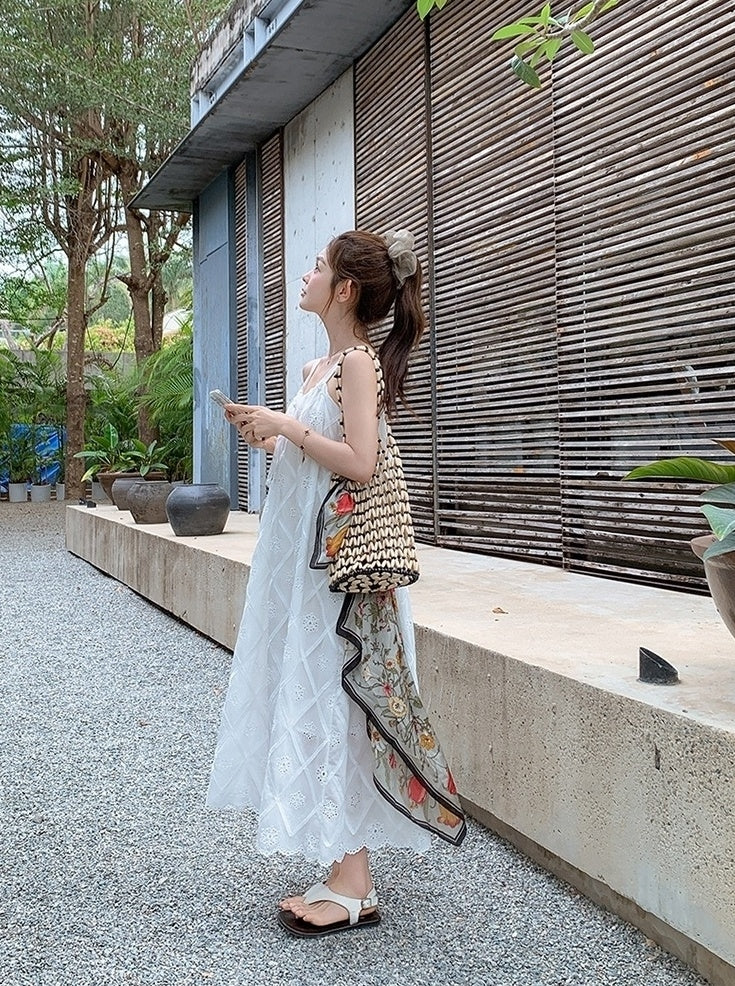 French Style Vacation Bow Tie Strappy Maxi Dress