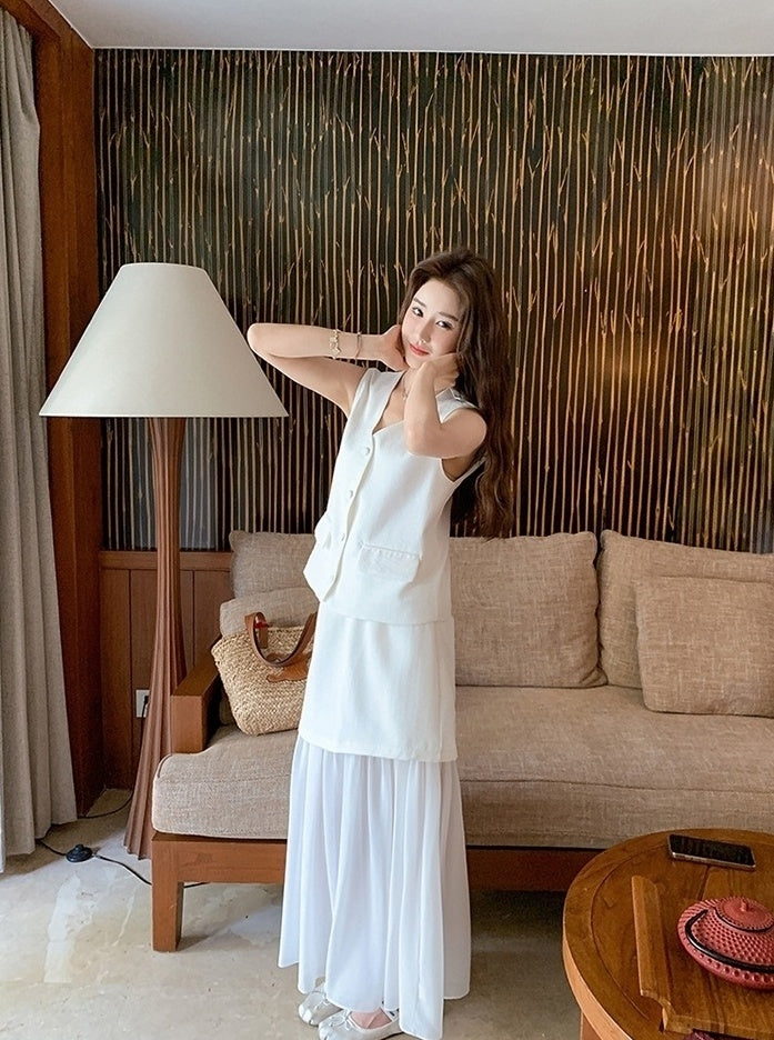 French Style Vest Skirt Set Summer Casual Outfit