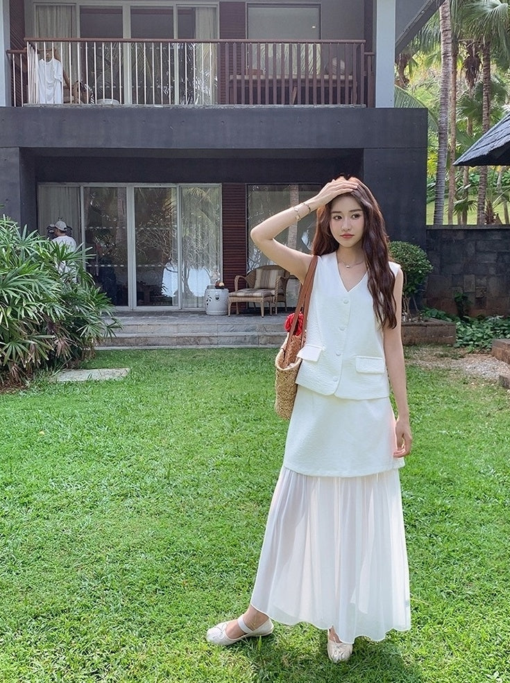 French Style Vest Skirt Set Summer Casual Outfit