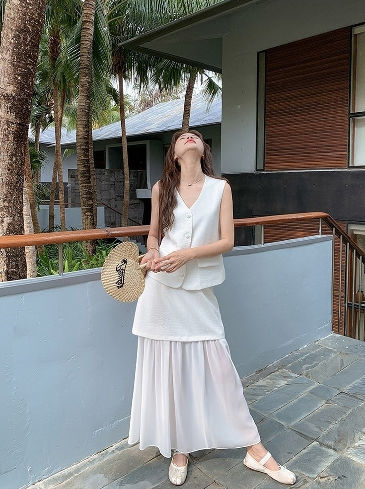 French Style Vest Skirt Set Summer Casual Outfit