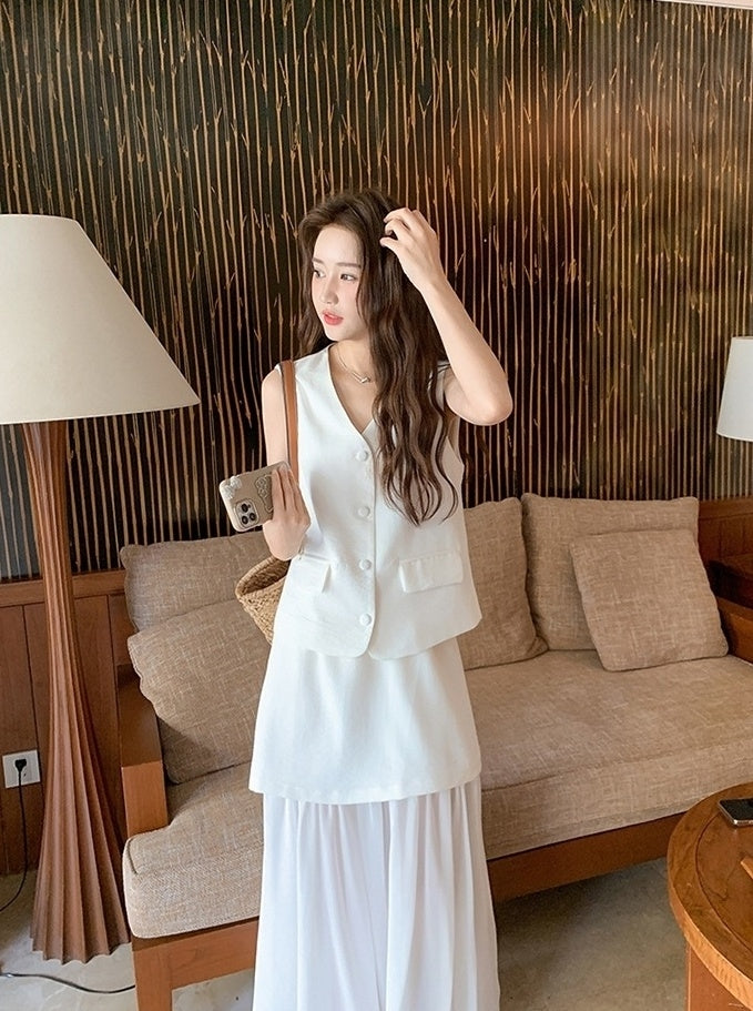 French Style Vest Skirt Set Summer Casual Outfit
