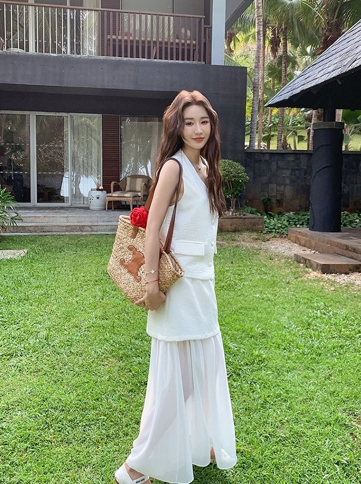 French Style Vest Skirt Set Summer Casual Outfit