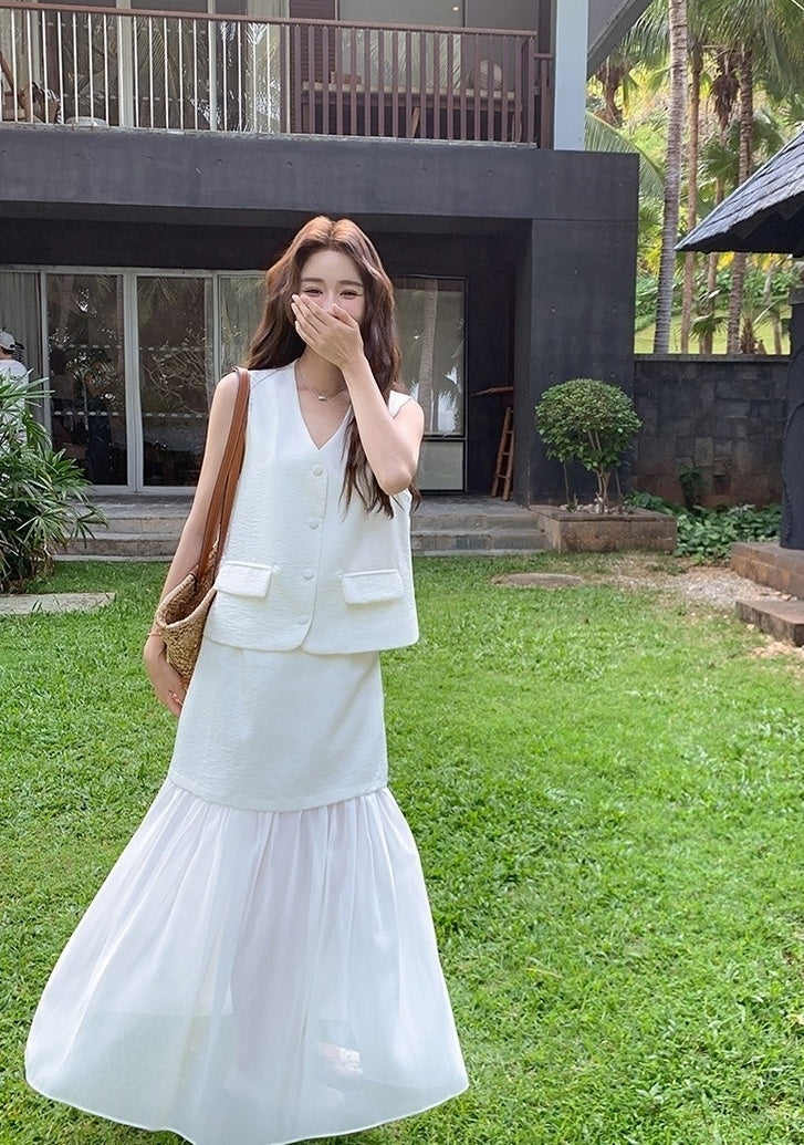 French Style Vest Skirt Set Summer Casual Outfit