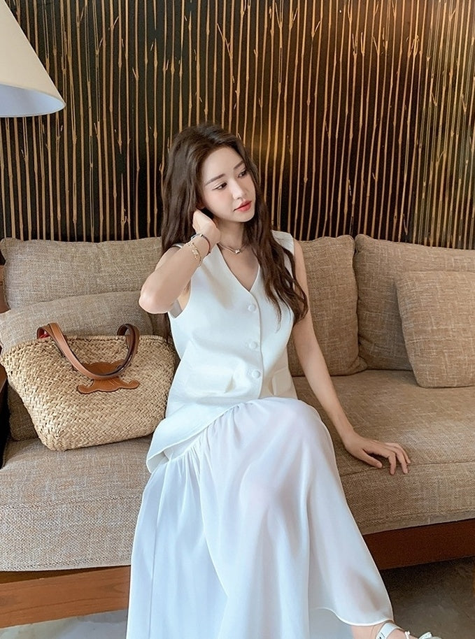 French Style Vest Skirt Set Summer Casual Outfit