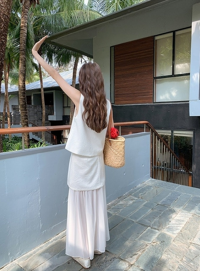 French Style Vest Skirt Set Summer Casual Outfit