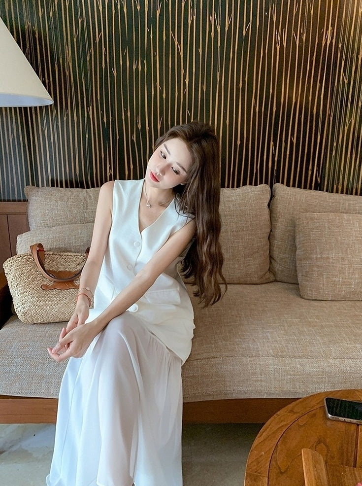 French Style Vest Skirt Set Summer Casual Outfit