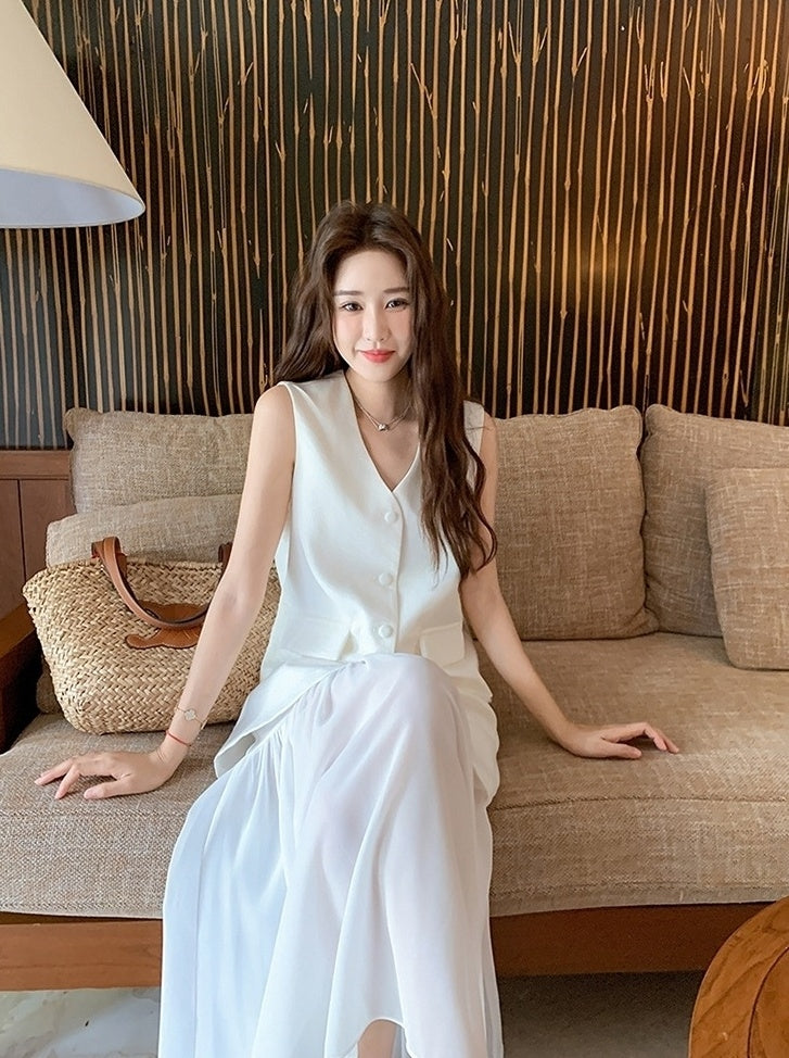 French Style Vest Skirt Set Summer Casual Outfit