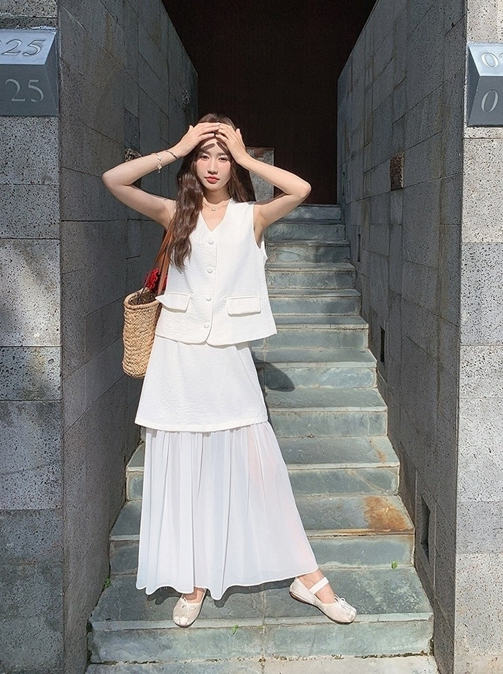 French Style Vest Skirt Set Summer Casual Outfit