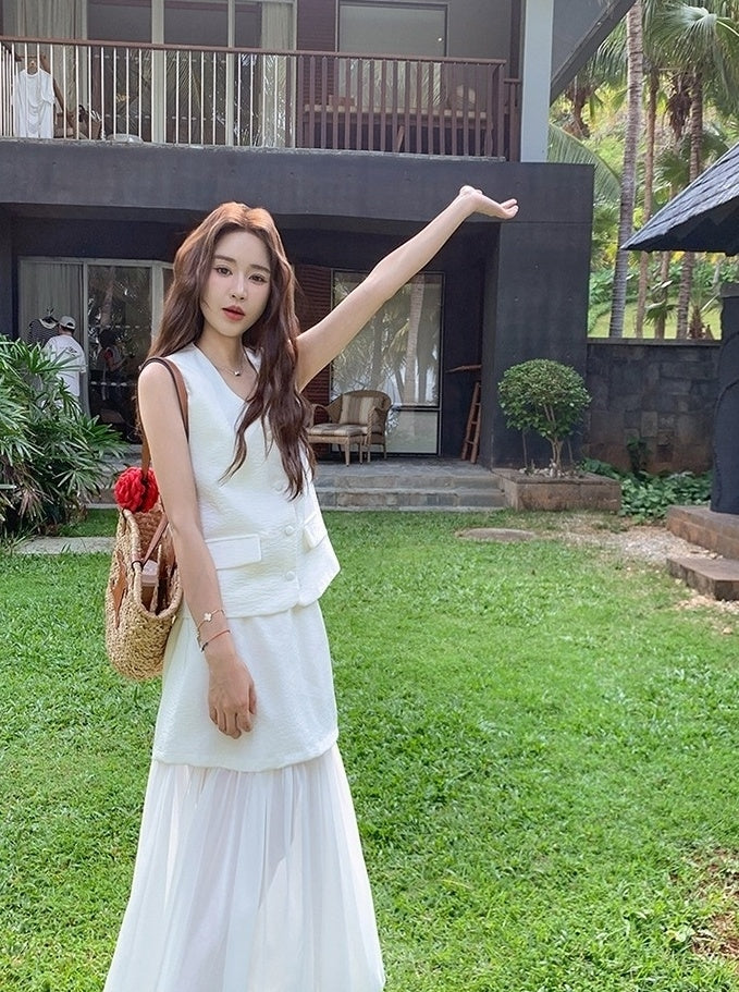 French Style Vest Skirt Set Summer Casual Outfit