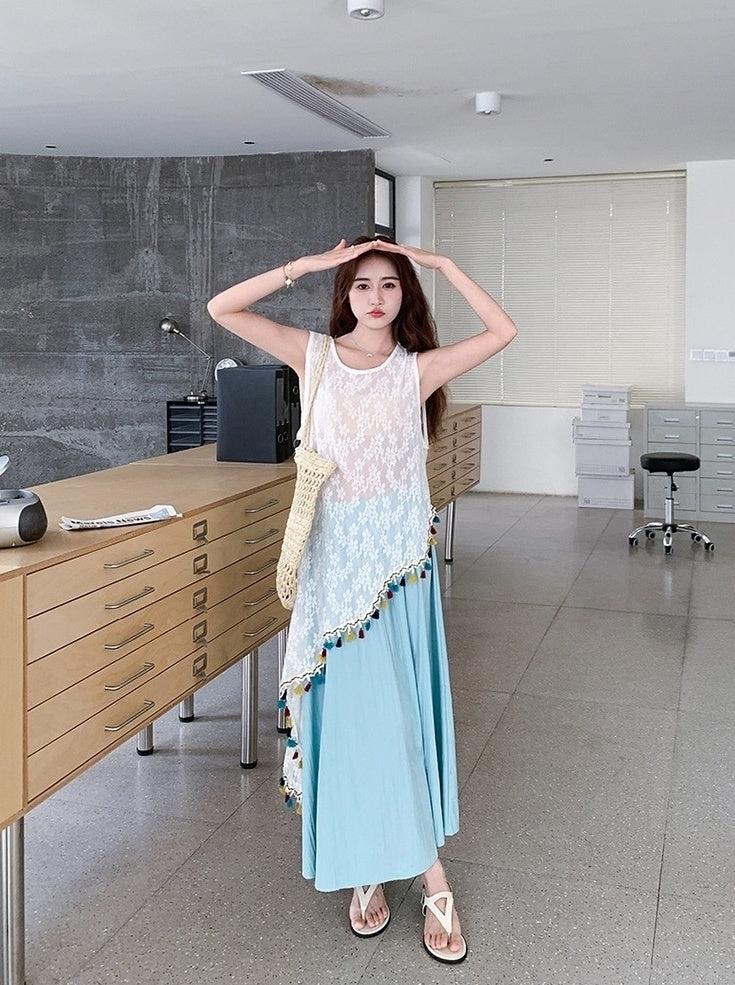 French Tassel Hollow Out Cover Up Skirt Set