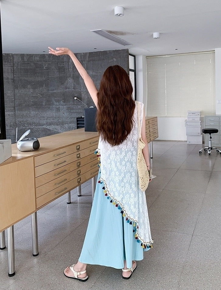 French Tassel Hollow Out Cover Up Skirt Set