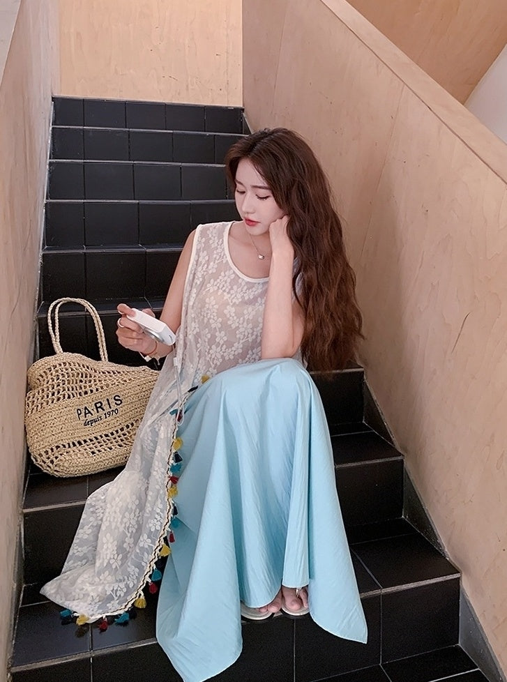 French Tassel Hollow Out Cover Up Skirt Set