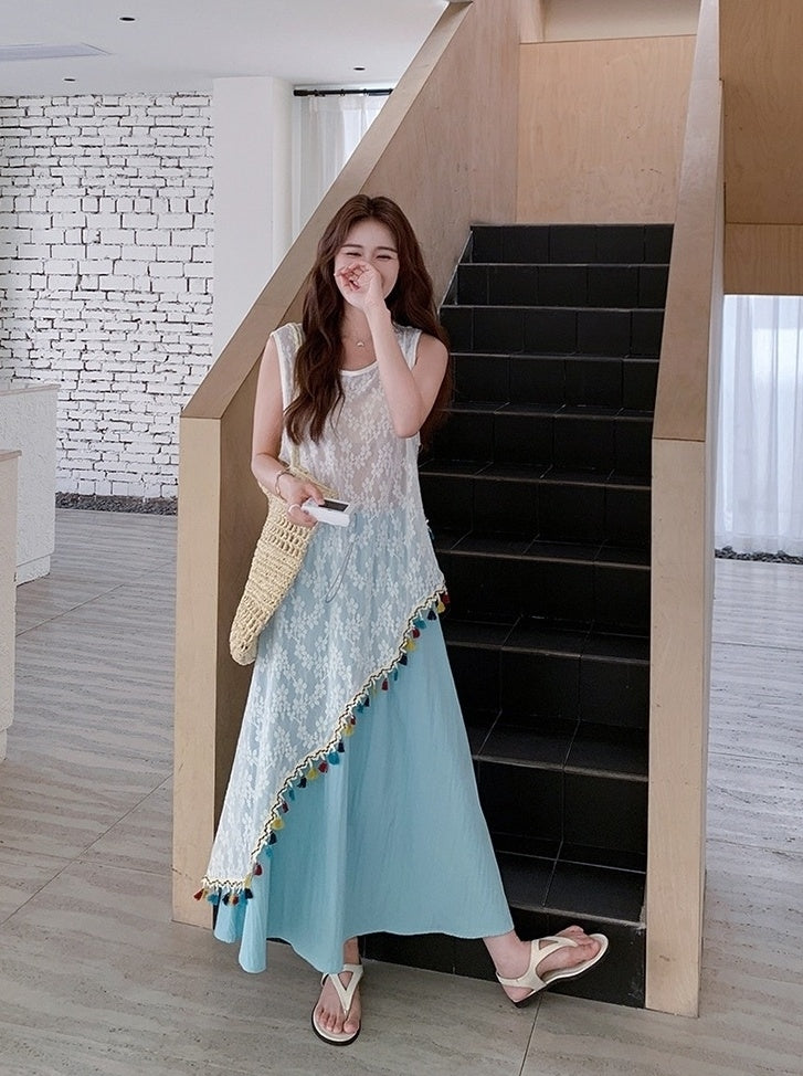 French Tassel Hollow Out Cover Up Skirt Set
