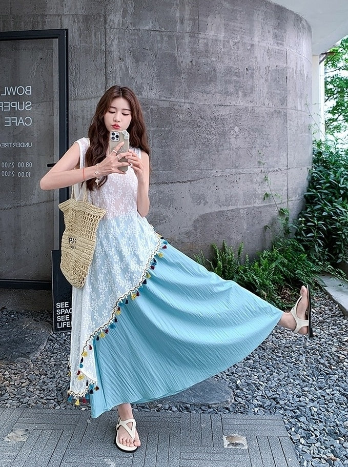 French Tassel Hollow Out Cover Up Skirt Set