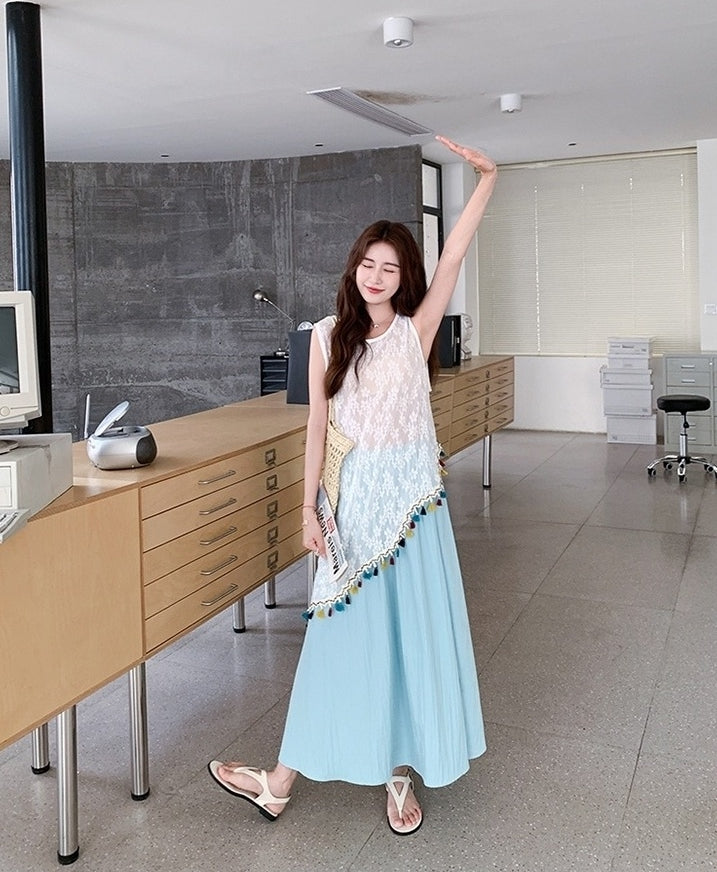 French Tassel Hollow Out Cover Up Skirt Set