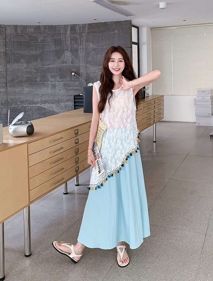 French Tassel Hollow Out Cover Up Skirt Set