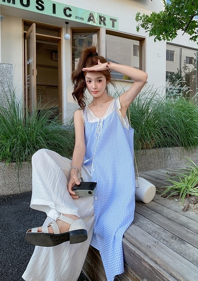 French Vacation Style Plaid Patchwork Dress Pants Set