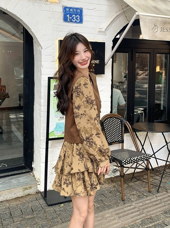 Vintage Printed Waist Cinching Dress Vest Set