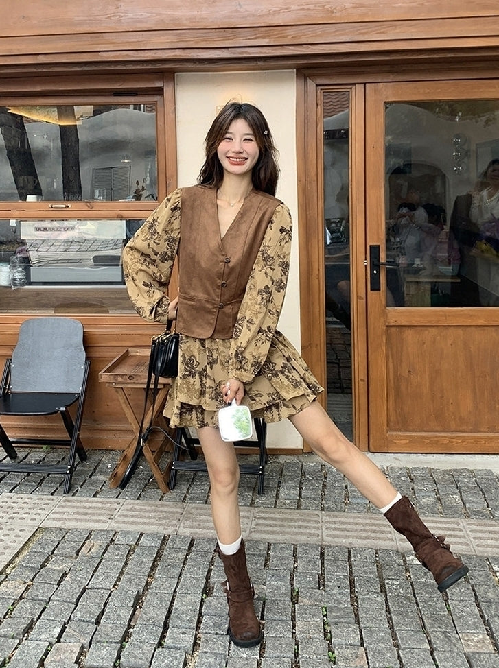 Vintage Printed Waist Cinching Dress Vest Set