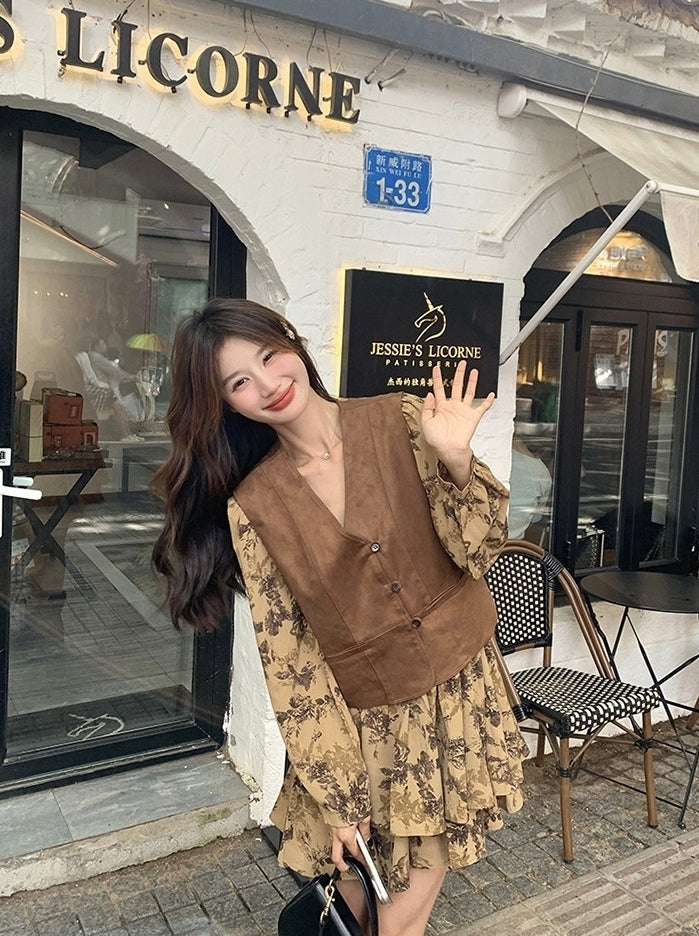 Vintage Printed Waist Cinching Dress Vest Set