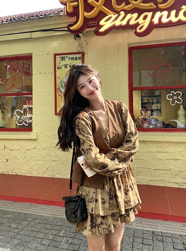 Vintage Printed Waist Cinching Dress Vest Set