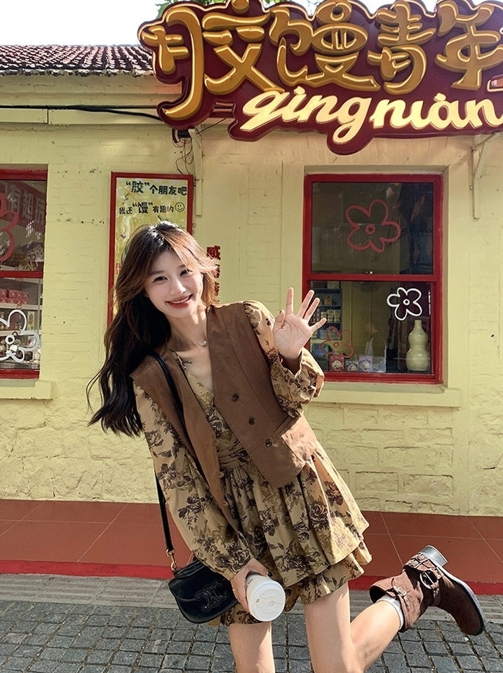 Vintage Printed Waist Cinching Dress Vest Set