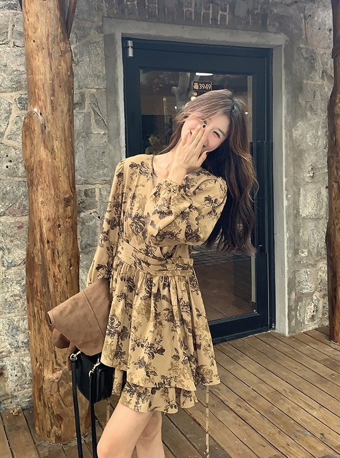 Vintage Printed Waist Cinching Dress Vest Set