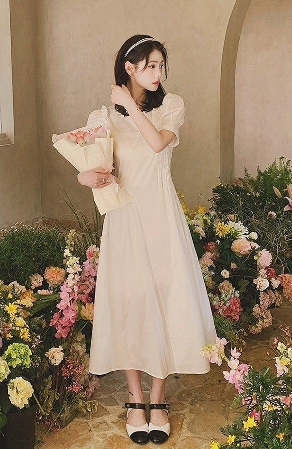 French Vintage Puff Sleeve Sweetheart Waist Slimming Maxi Dress
