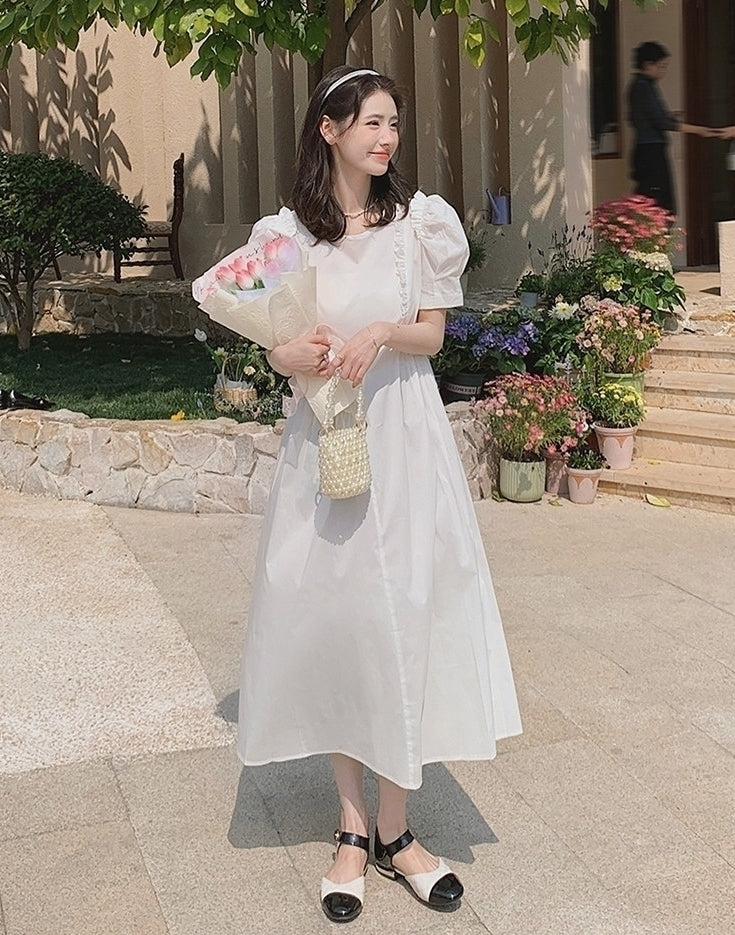 French Vintage Puff Sleeve Sweetheart Waist Slimming Maxi Dress
