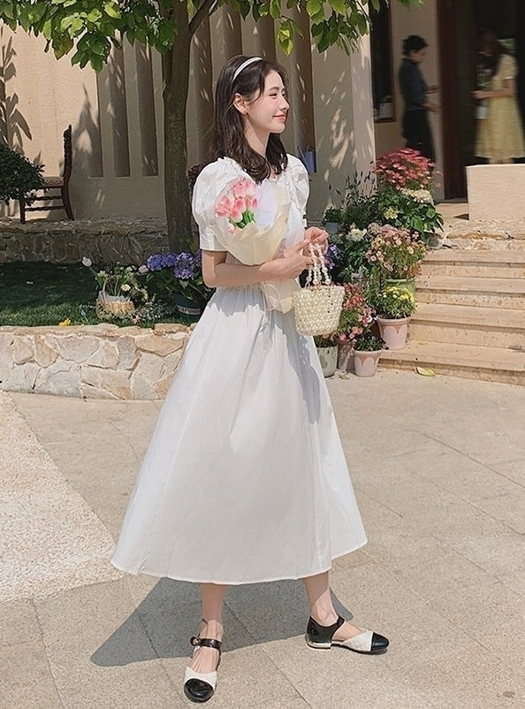 French Vintage Puff Sleeve Sweetheart Waist Slimming Maxi Dress